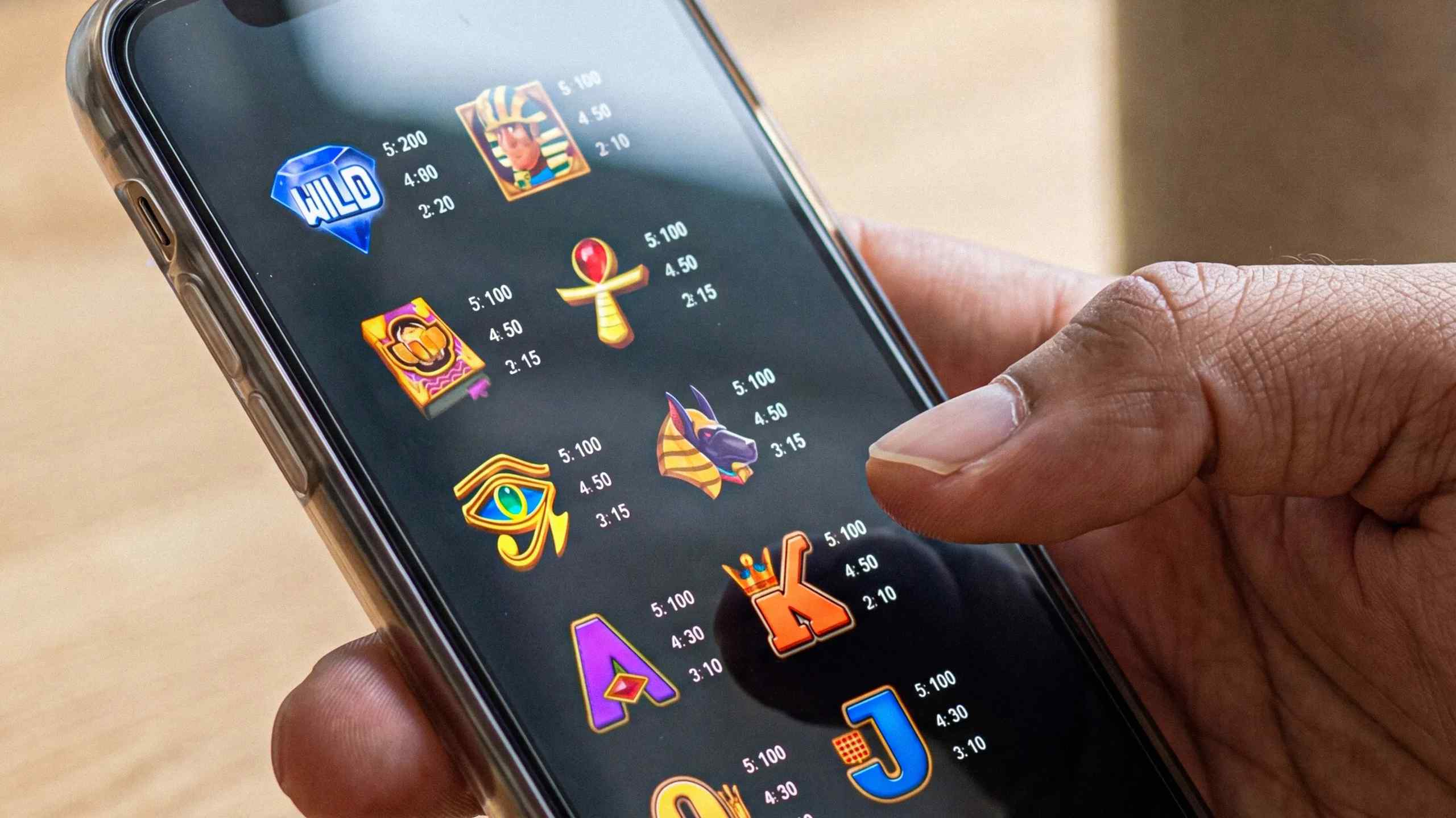 Looking at a slots payout rates on a mobile app.